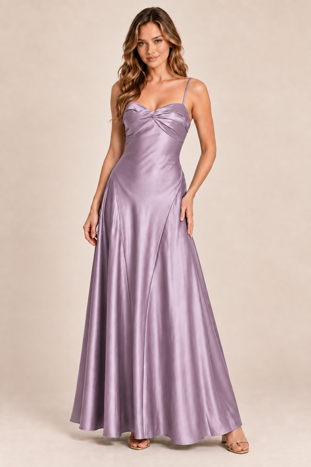 mauve satin-like twist-front dress, front view