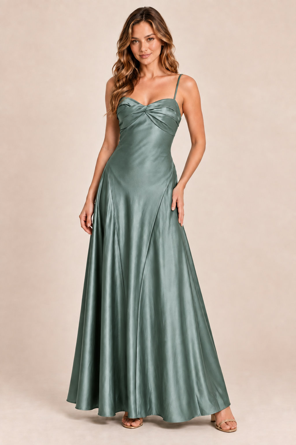 moss green satin-like twist-front dress, front view