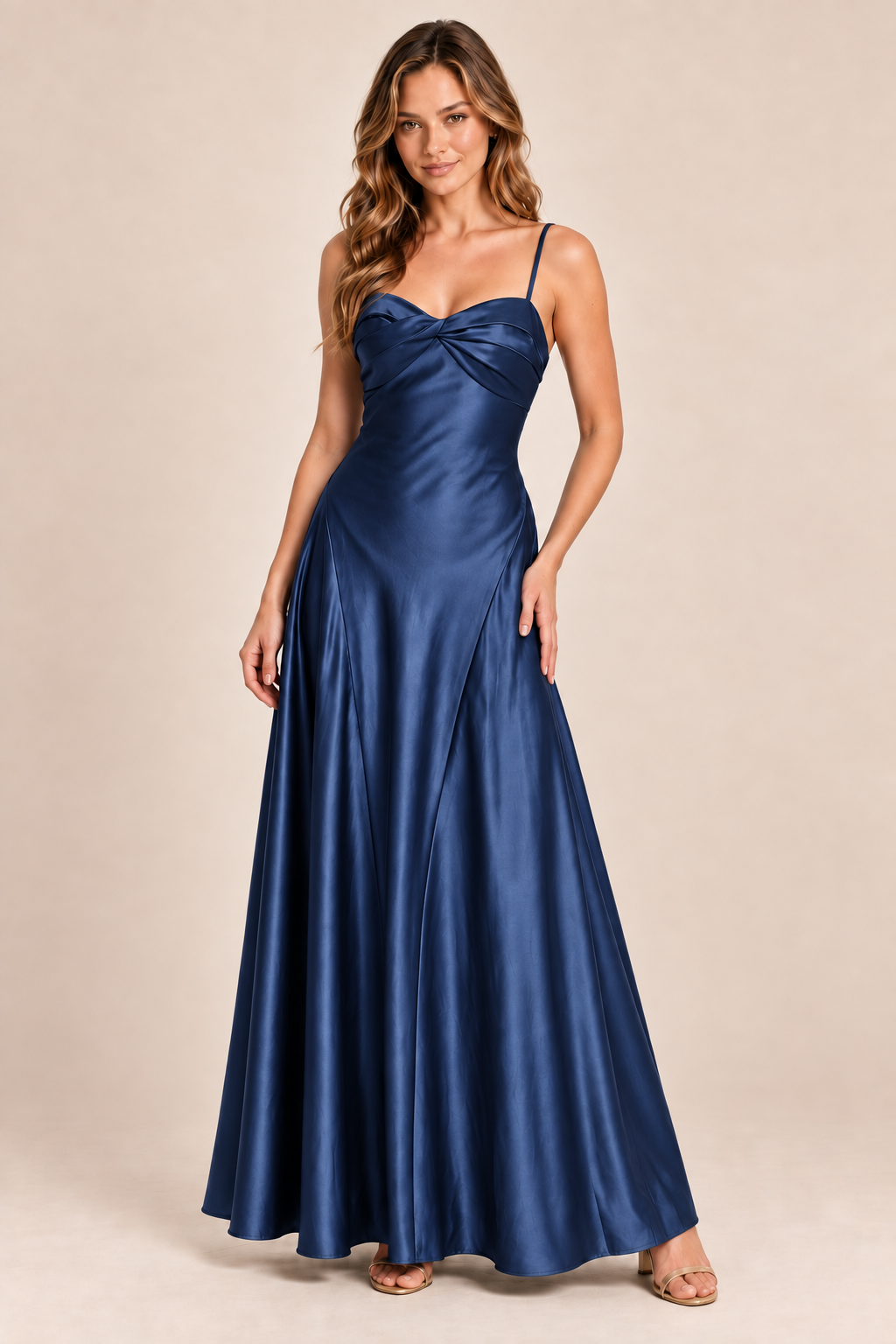 navy blue satin-like twist-front dress, front view