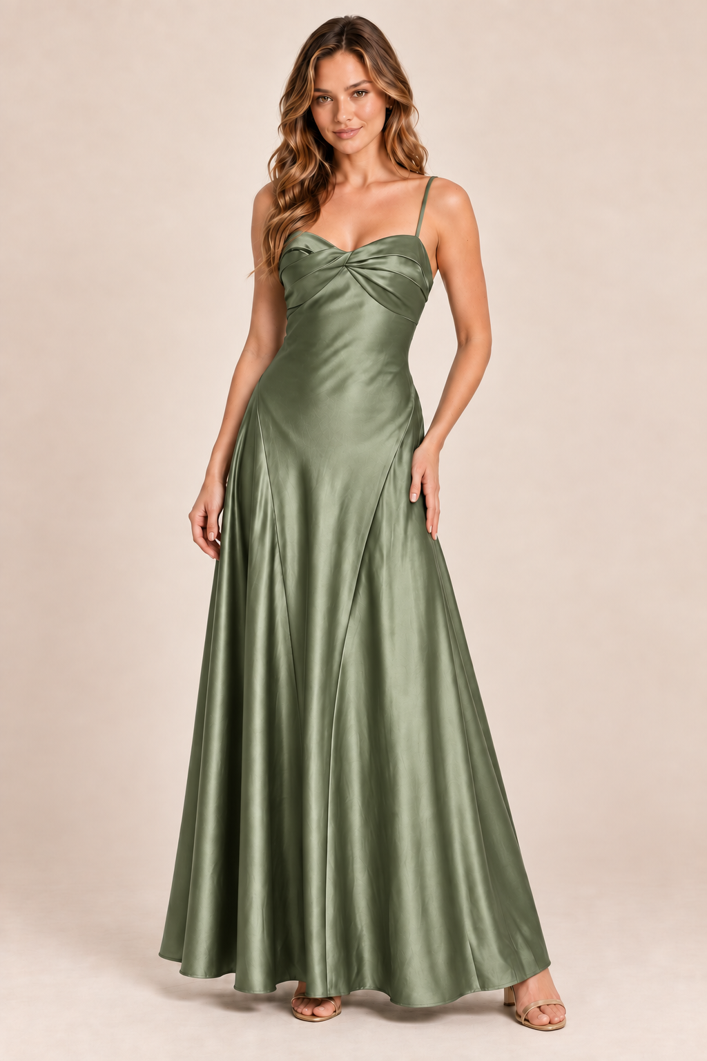 olive green satin-like twist-front dress, front view