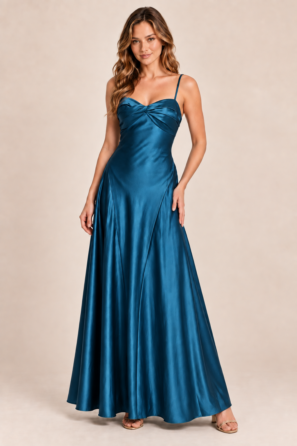 peacock satin-like twist-front dress, front view