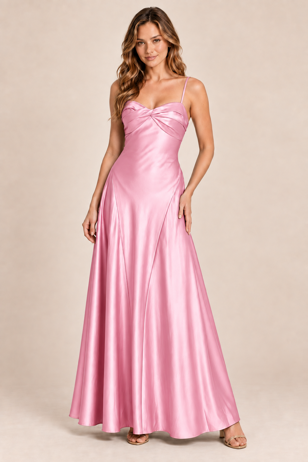pink satin-like twist-front dress, front view