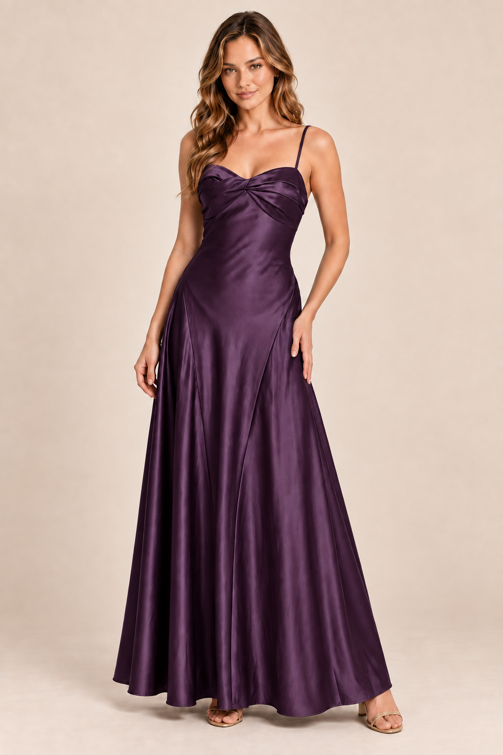 plum satin-like twist-front dress, front view