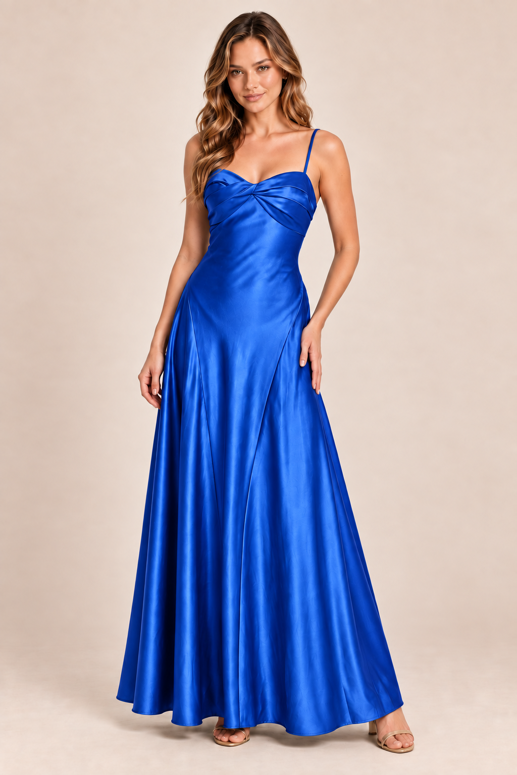 royal blue satin-like twist-front dress, front view