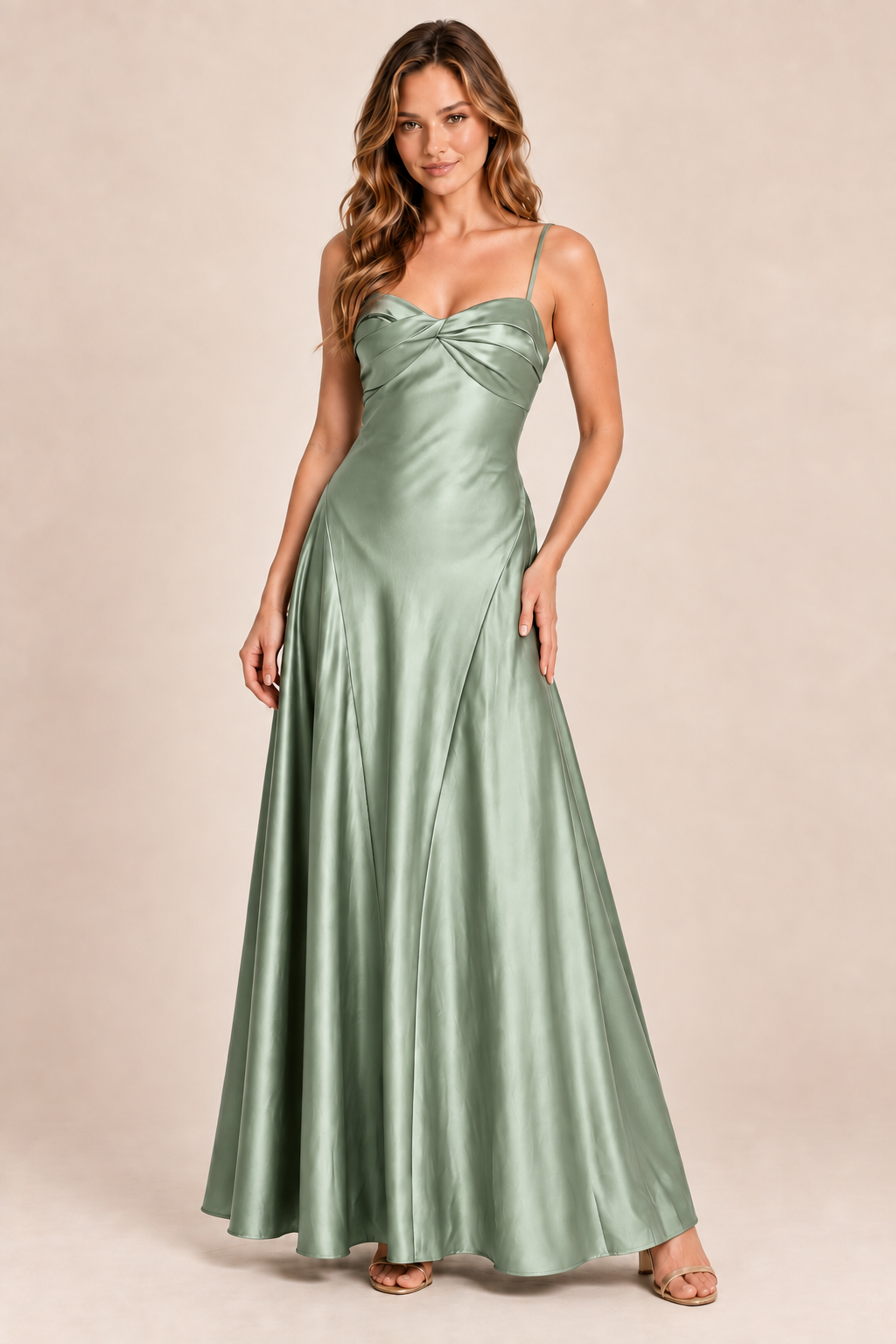 sage green satin-like twist-front dress, front view