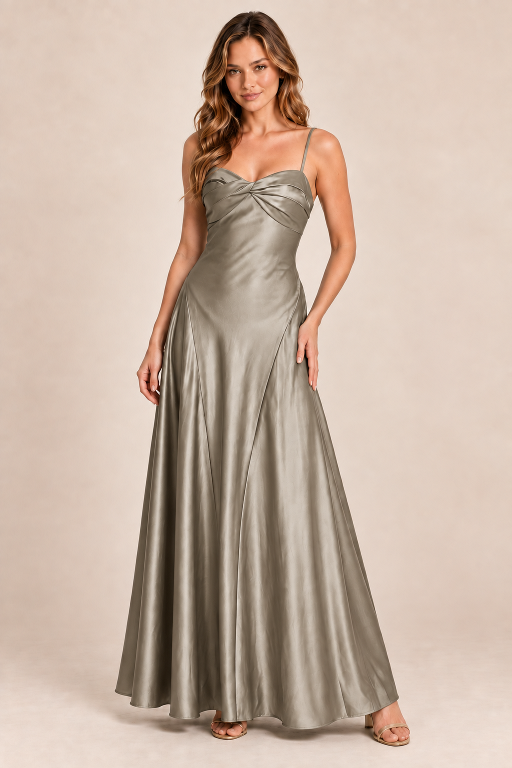 taupe satin-like twist-front dress, front view
