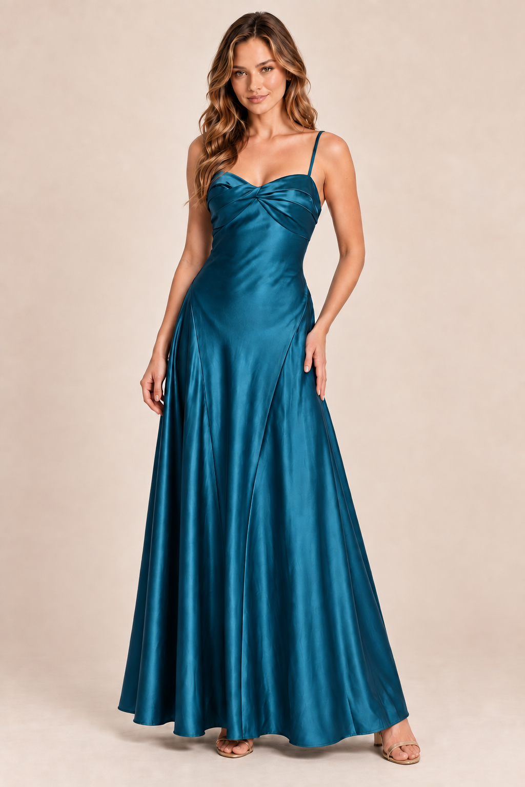 teal satin-like twist-front dress, front view
