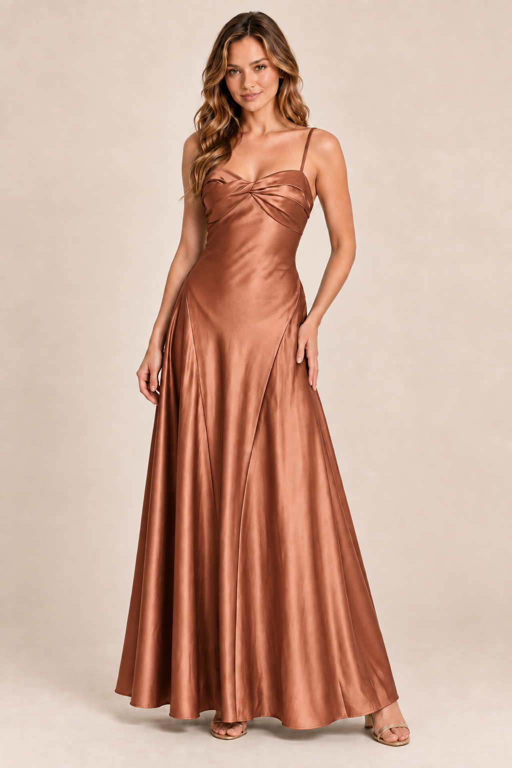 terracotta satin-like twist-front dress, front view