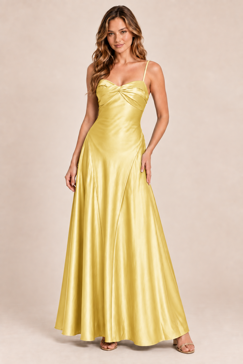 yellow satin-like twist-front dress, front view