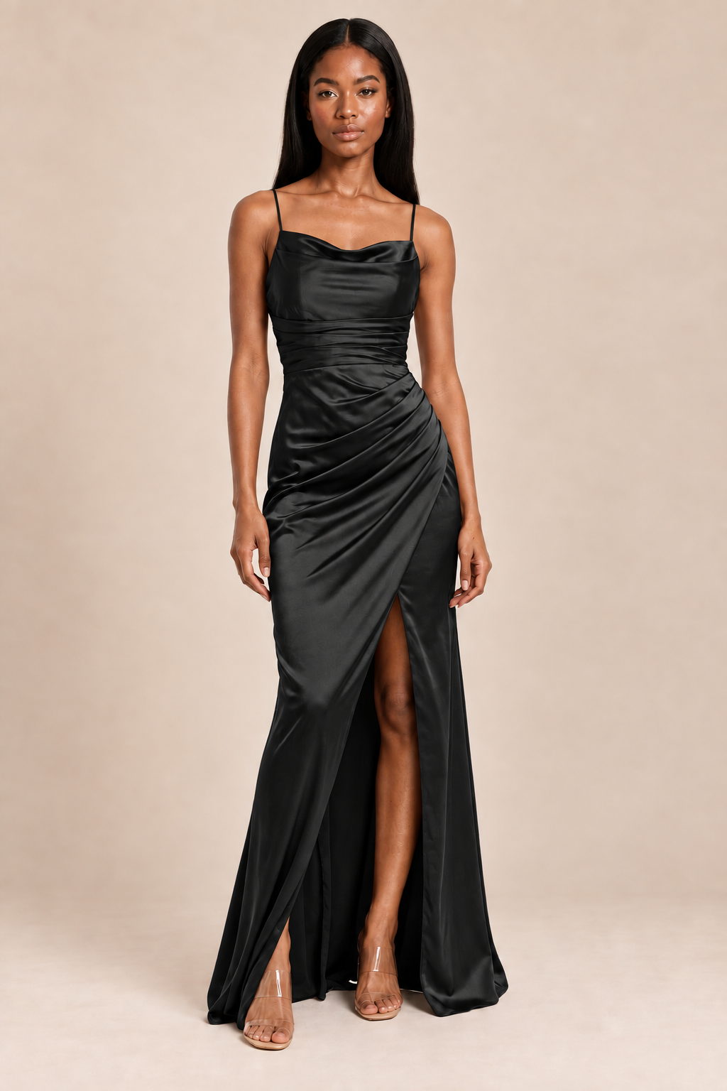 black satin-like ruched slit dress, front view