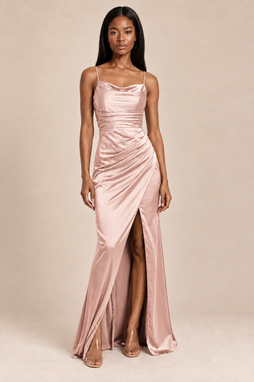 blush pink satin-like ruched slit dress, front view