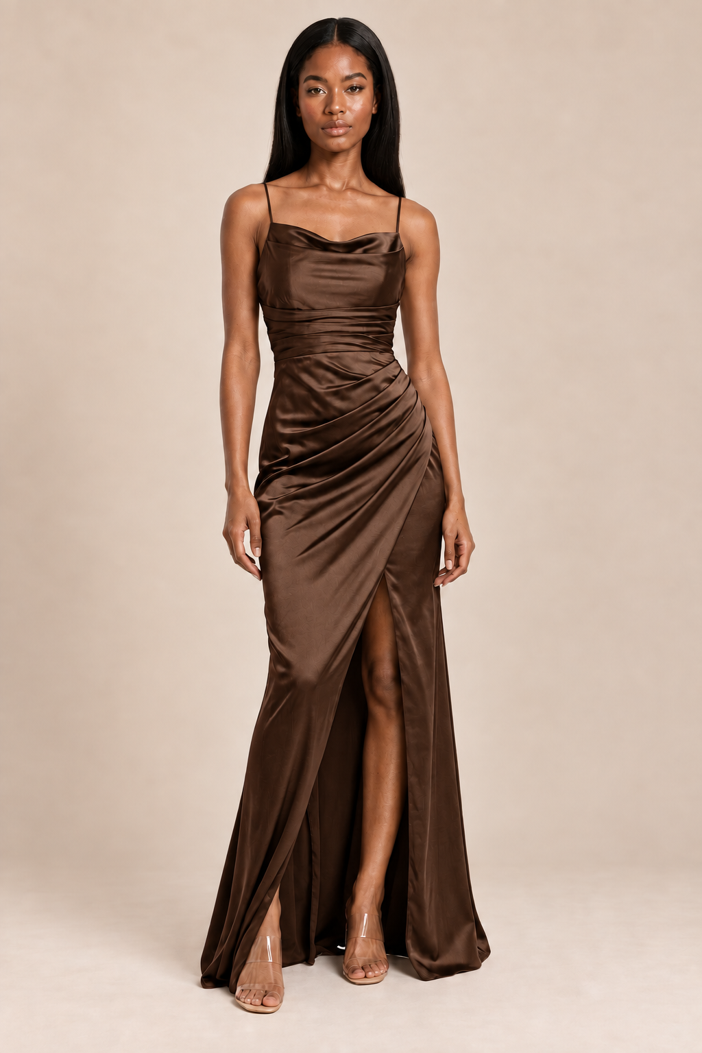 brown satin-like ruched slit dress, front view