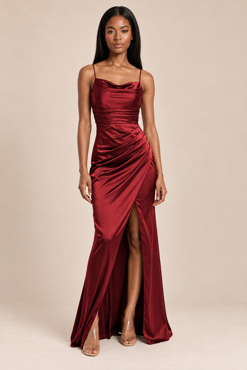 burgundy satin-like ruched slit dress, front view