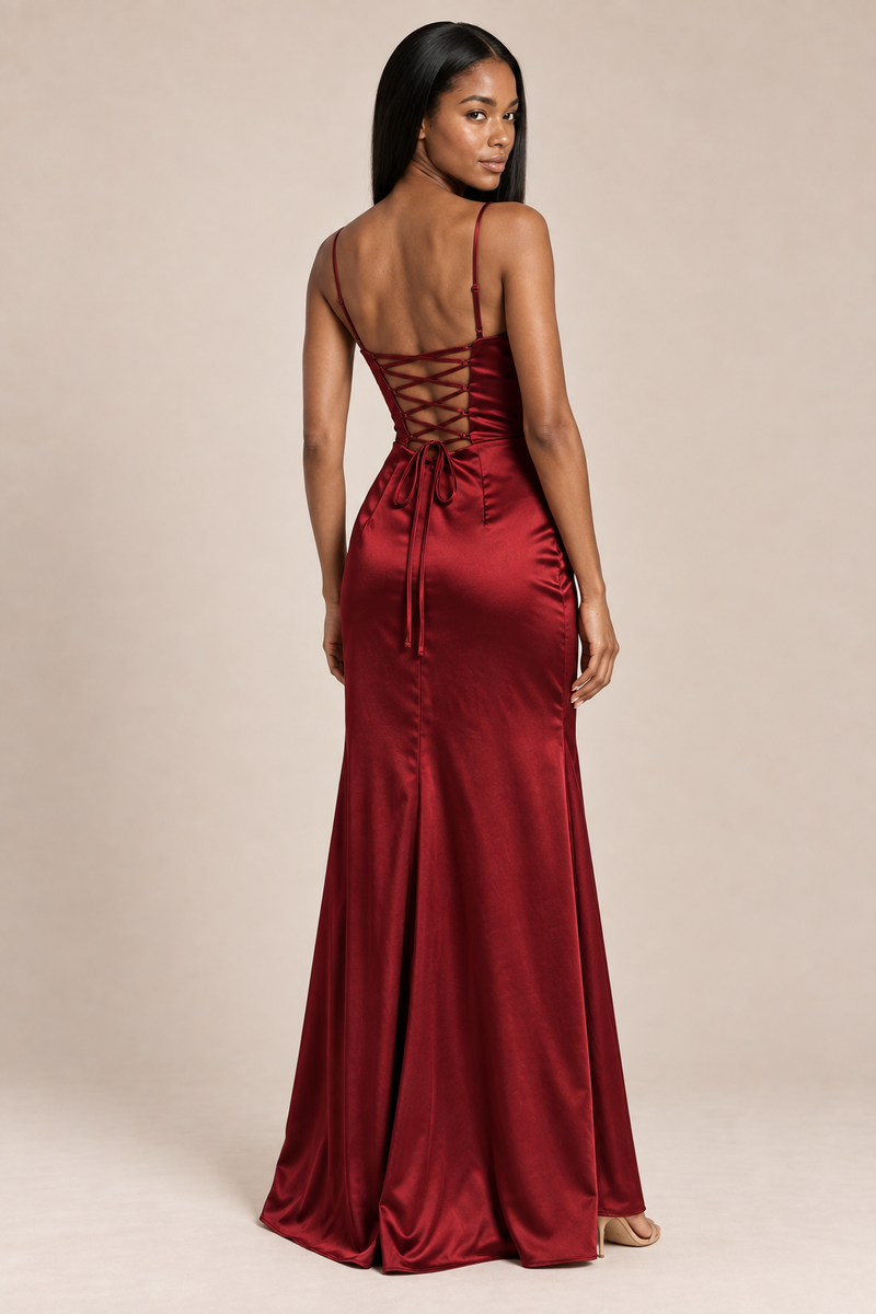 burgundy satin-like ruched slit dress, back view