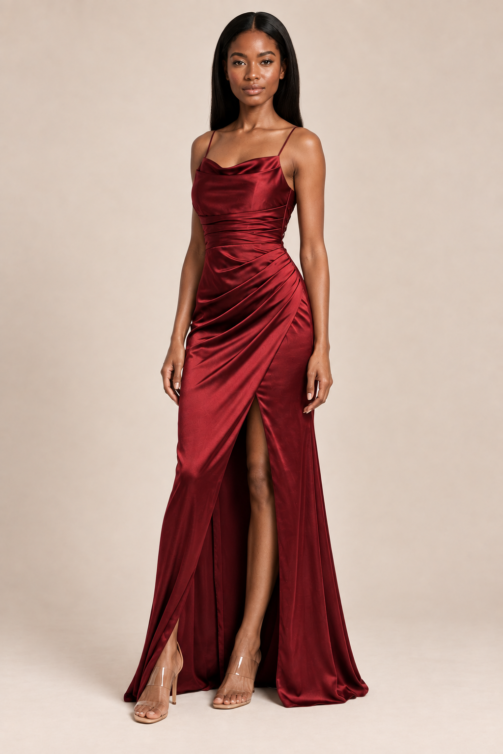 burgundy satin-like ruched slit dress, side view