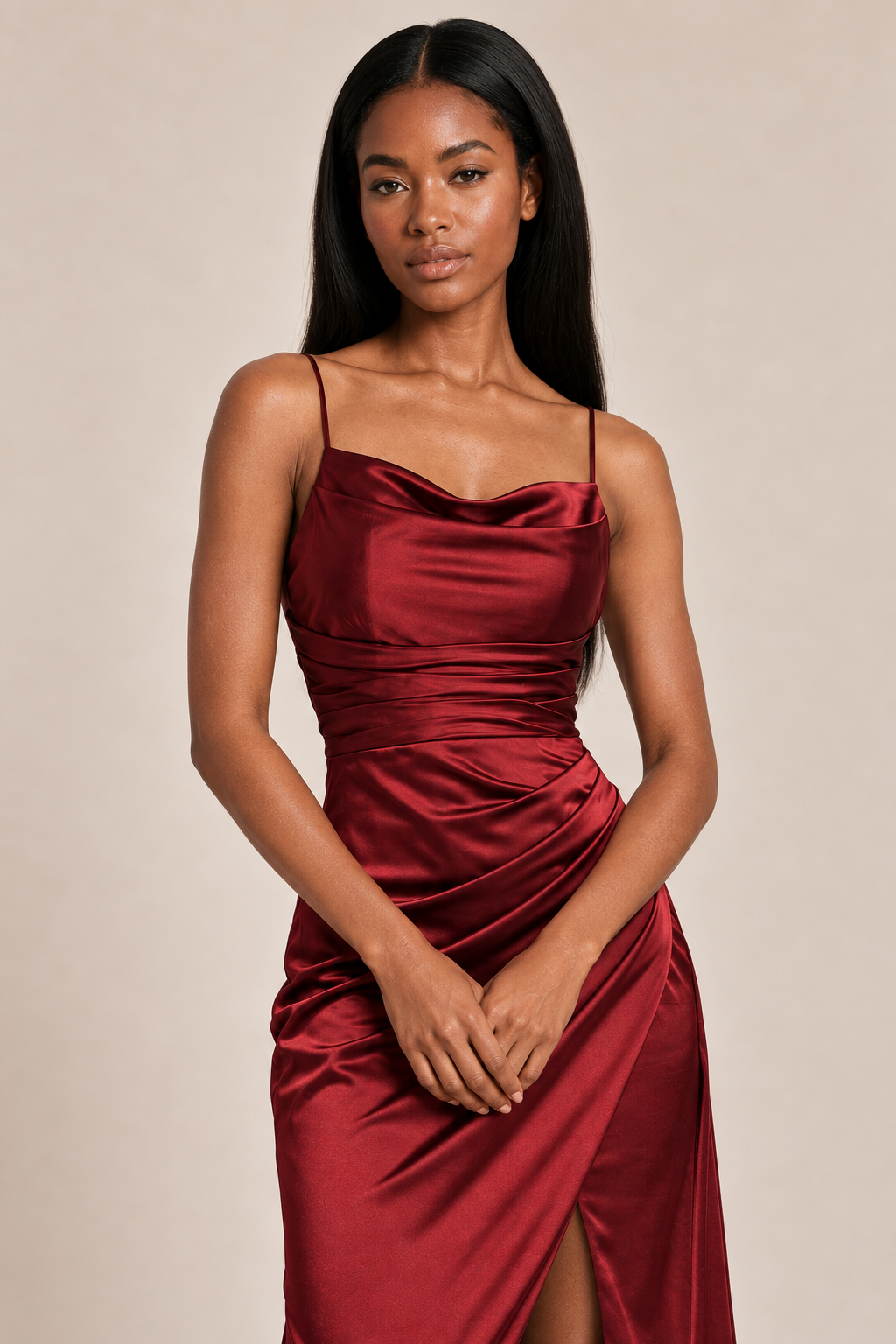 burgundy satin-like ruched slit dress, details view