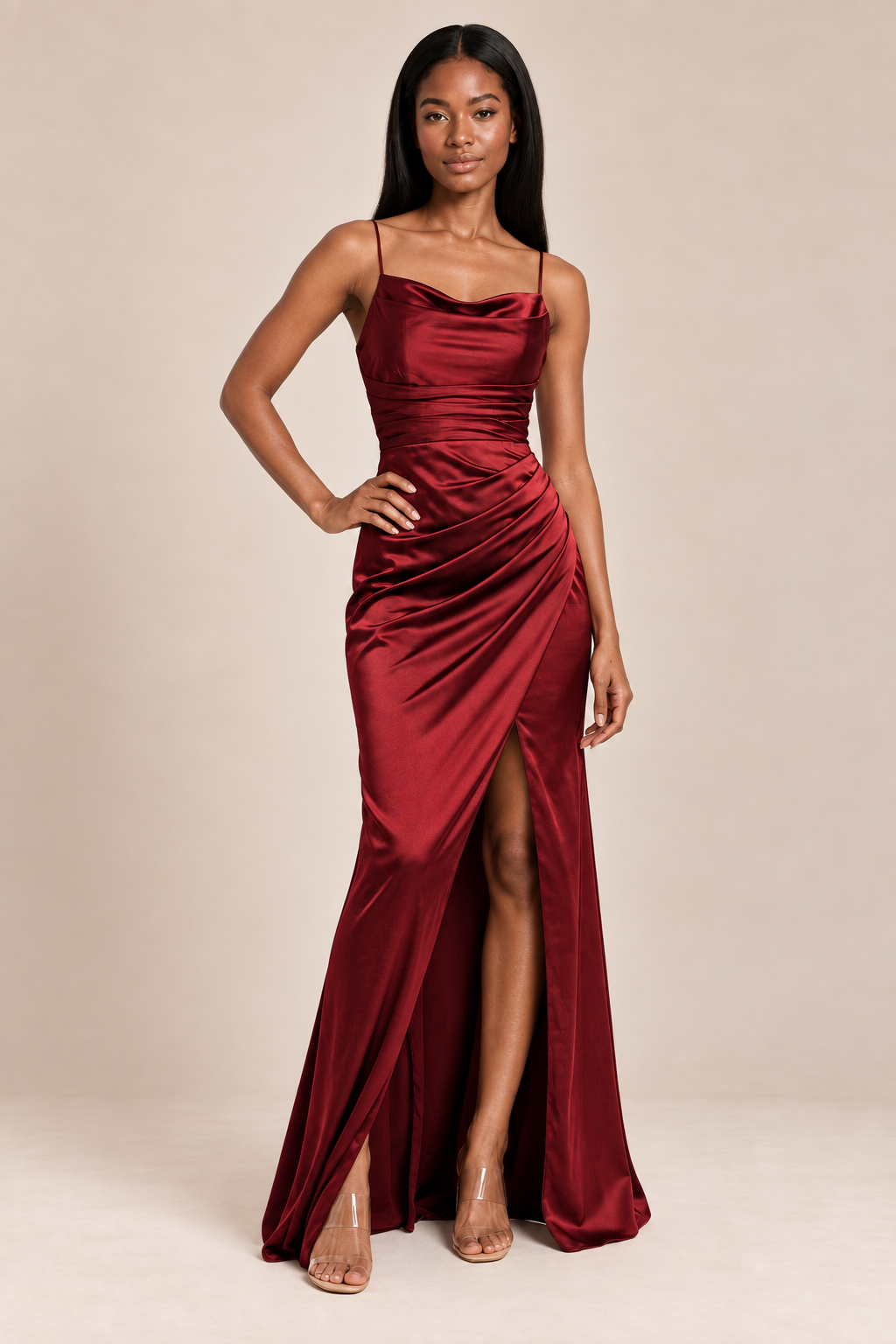 burgundy satin-like ruched slit dress, angle view