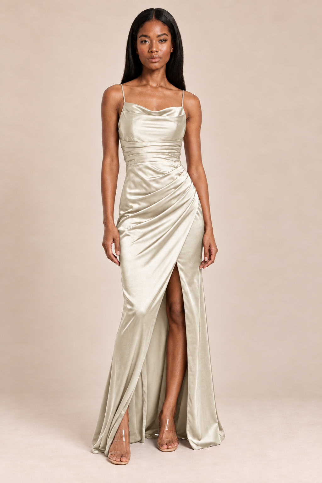 champagne satin-like ruched slit dress, front view