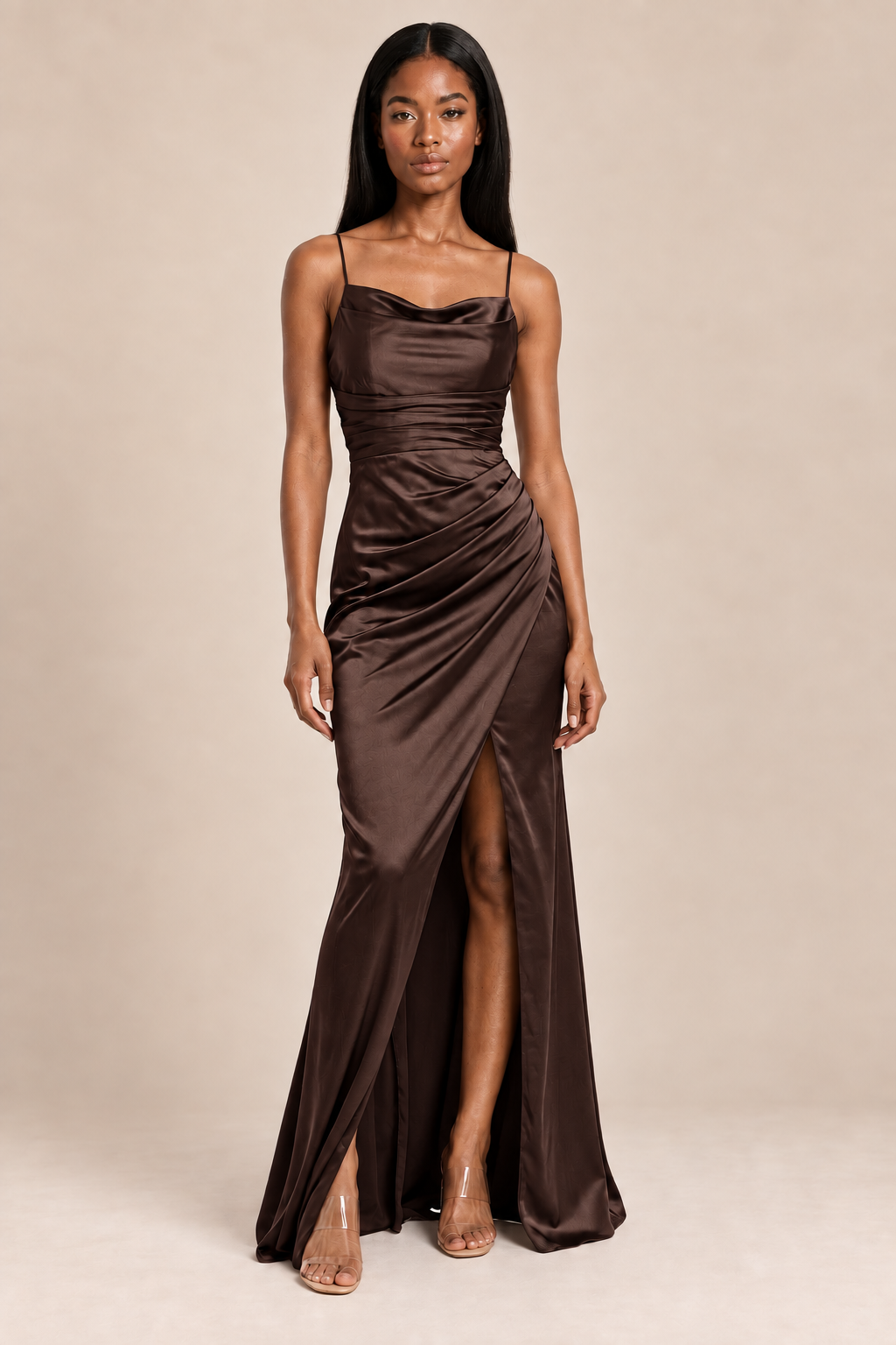 chocolate brown satin-like ruched slit dress, front view