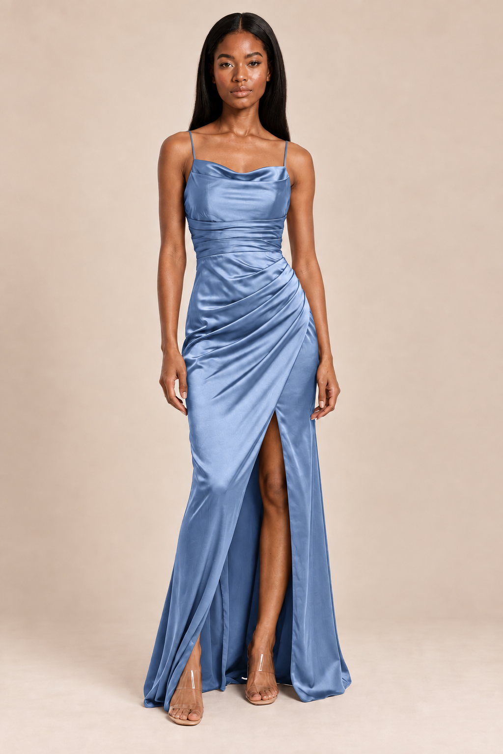 dusty blue satin-like ruched slit dress, front view