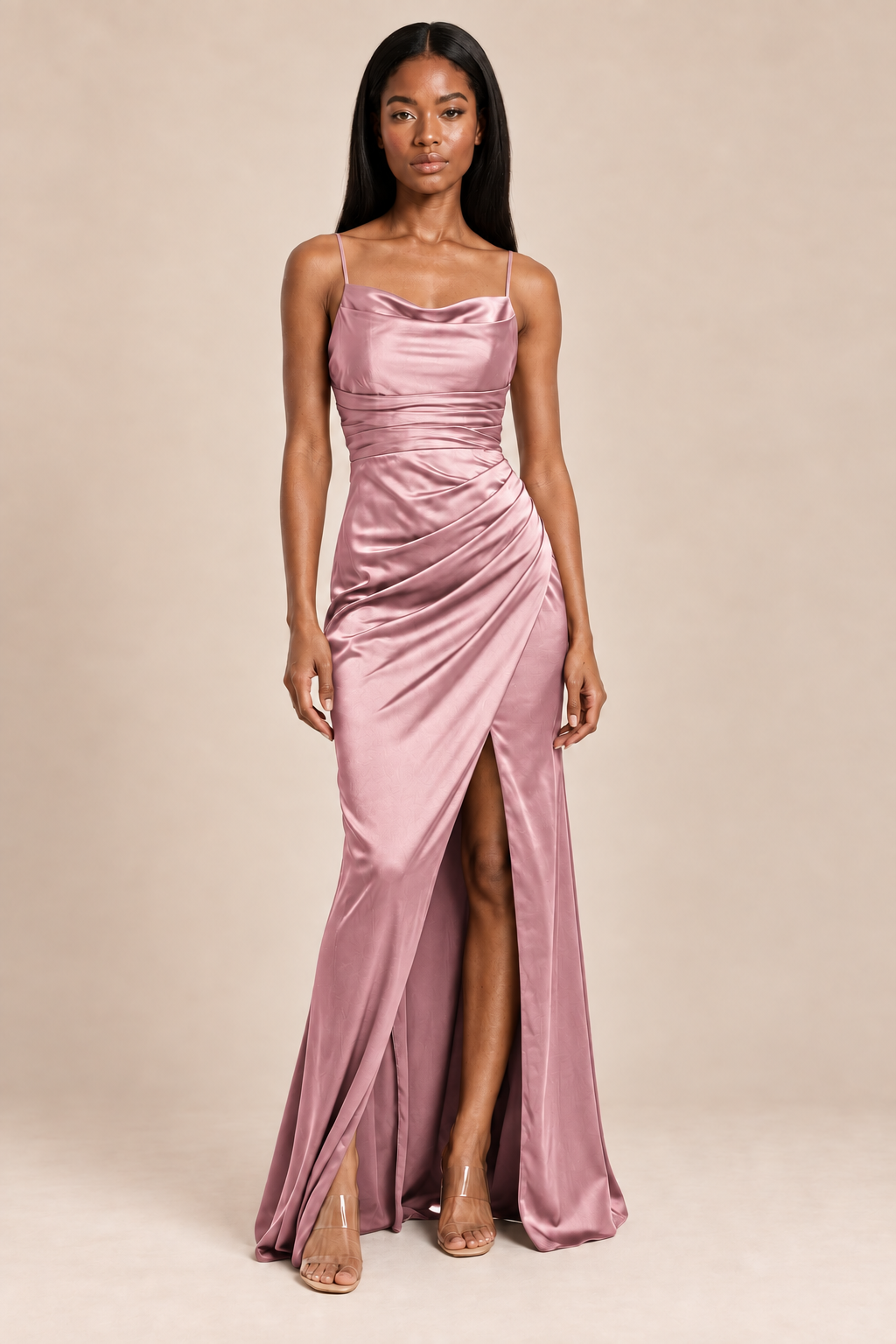 dusty pink satin-like ruched slit dress, front view