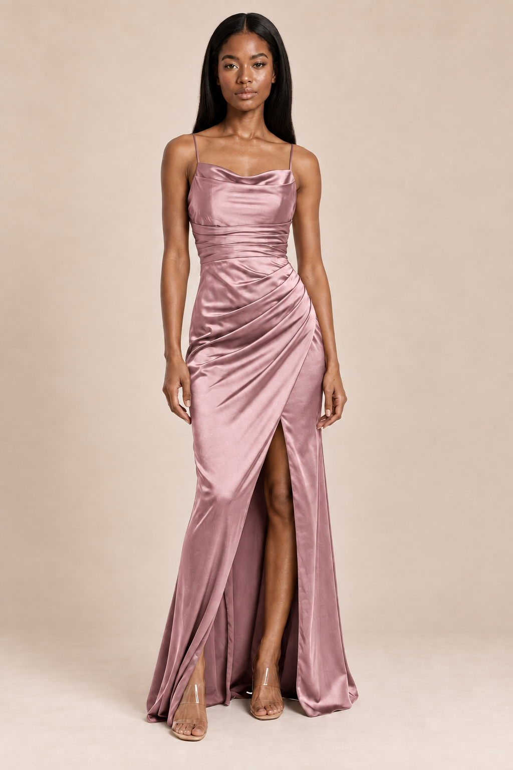 dusty rose satin-like ruched slit dress, front view