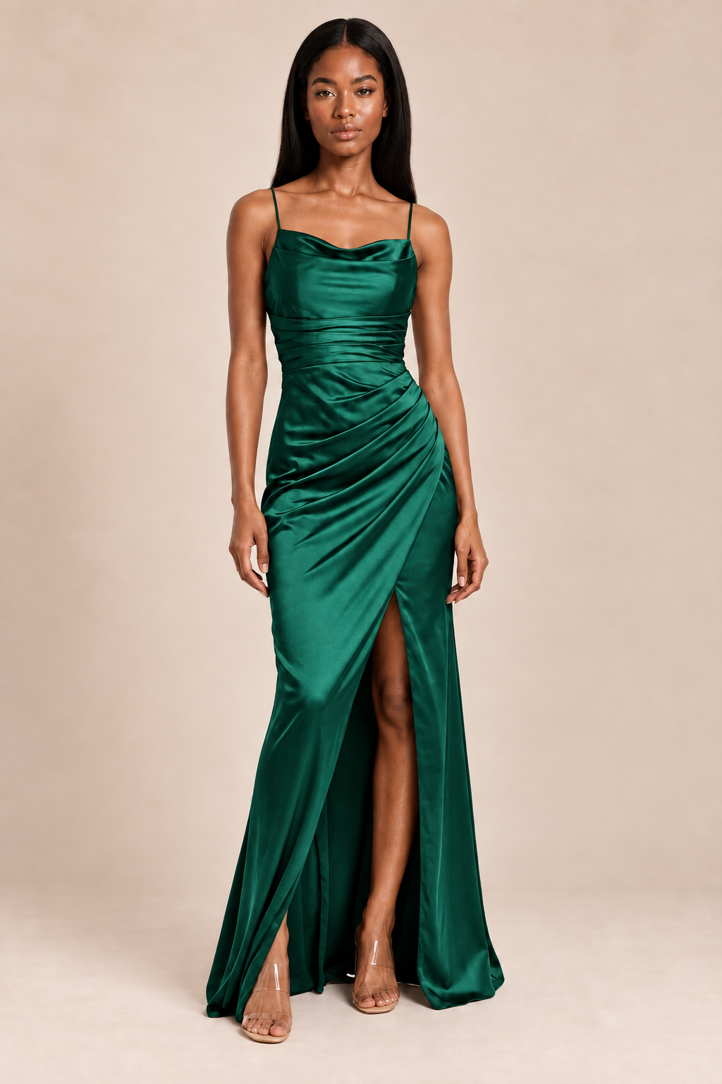 emerald green satin-like ruched slit dress, front view