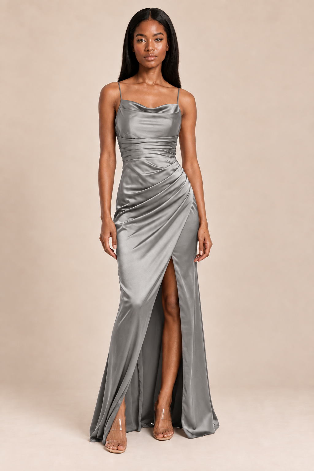 gray satin-like ruched slit dress, front view