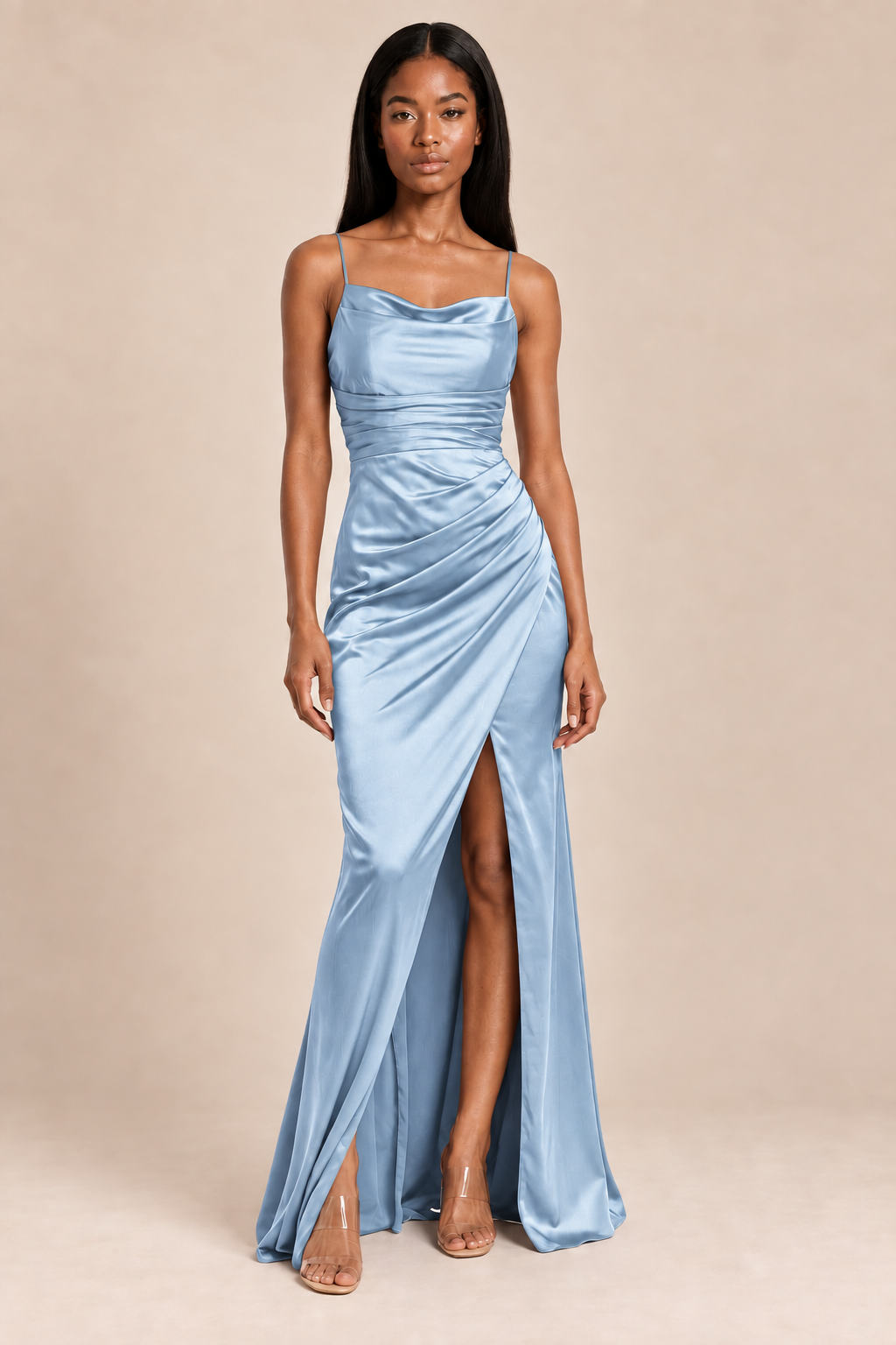ice blue satin-like ruched slit dress, front view