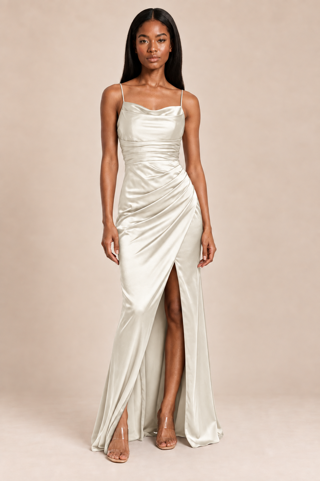 ivory satin-like ruched slit dress, front view