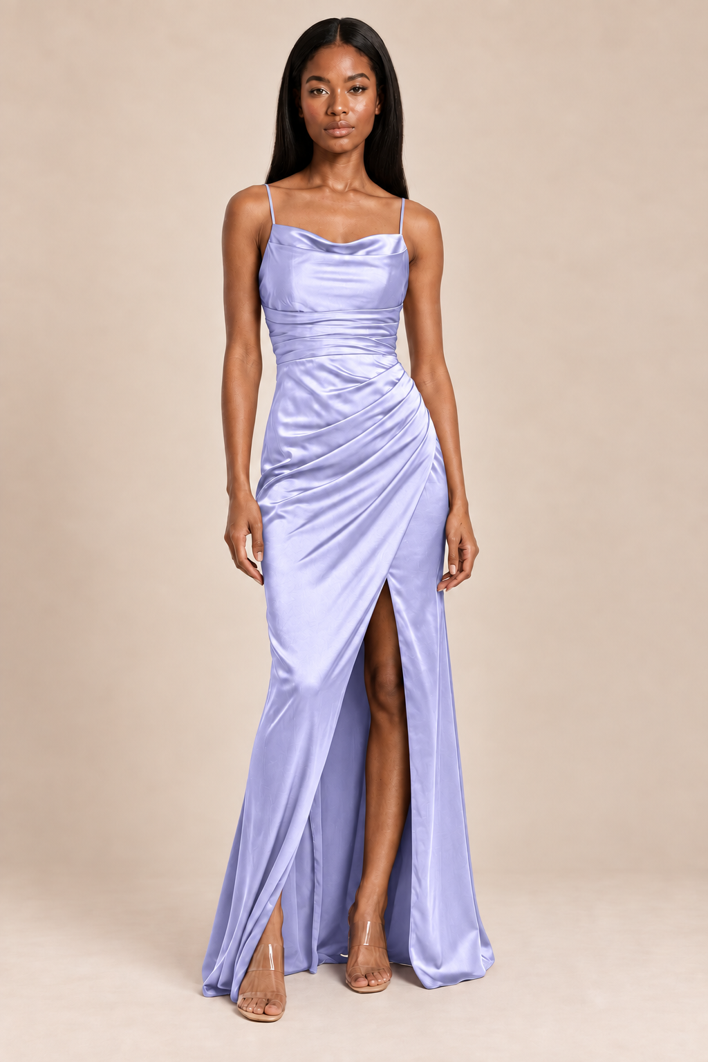 lavender satin-like ruched slit dress, front view