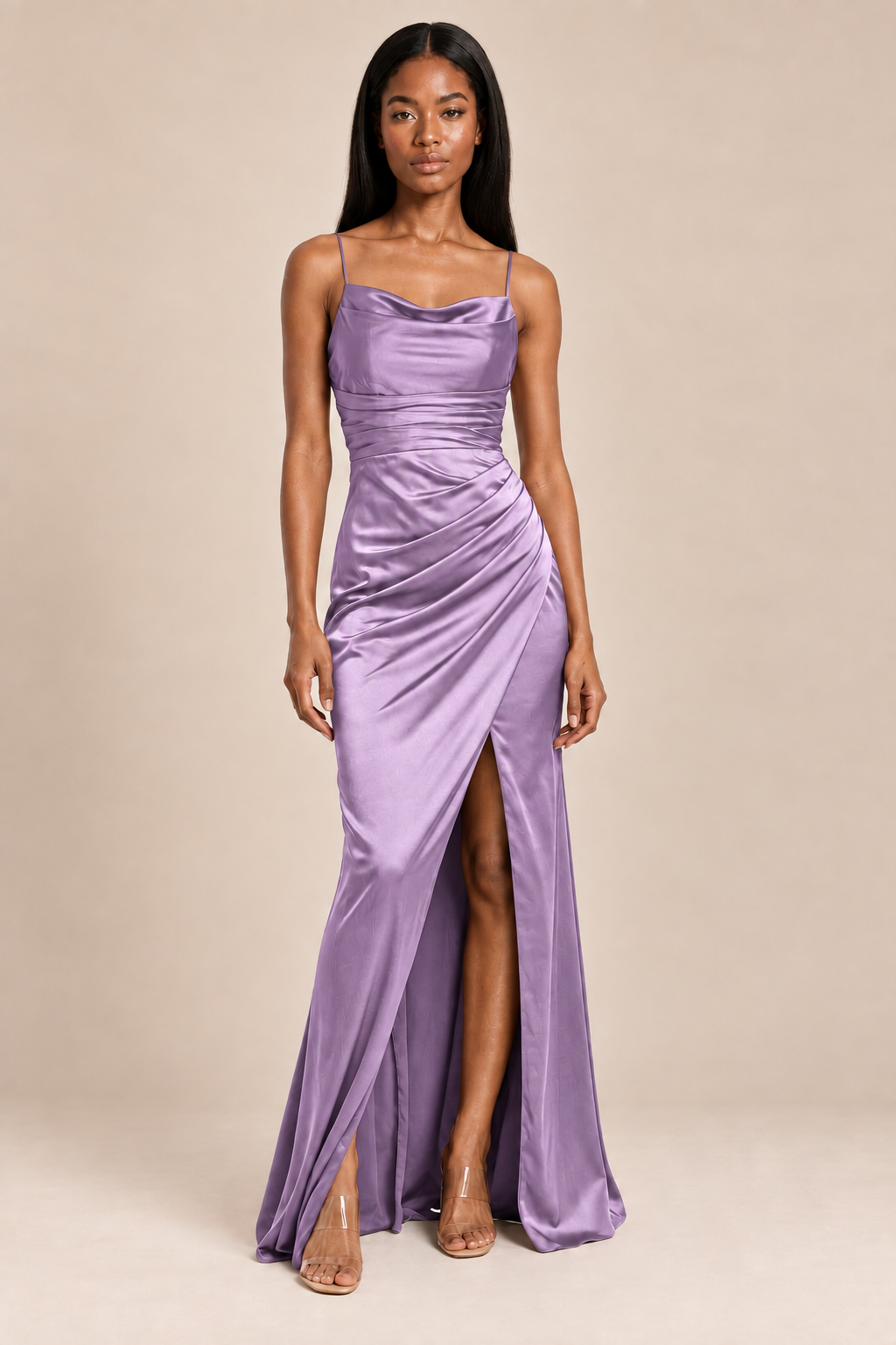 mauve satin-like ruched slit dress, front view