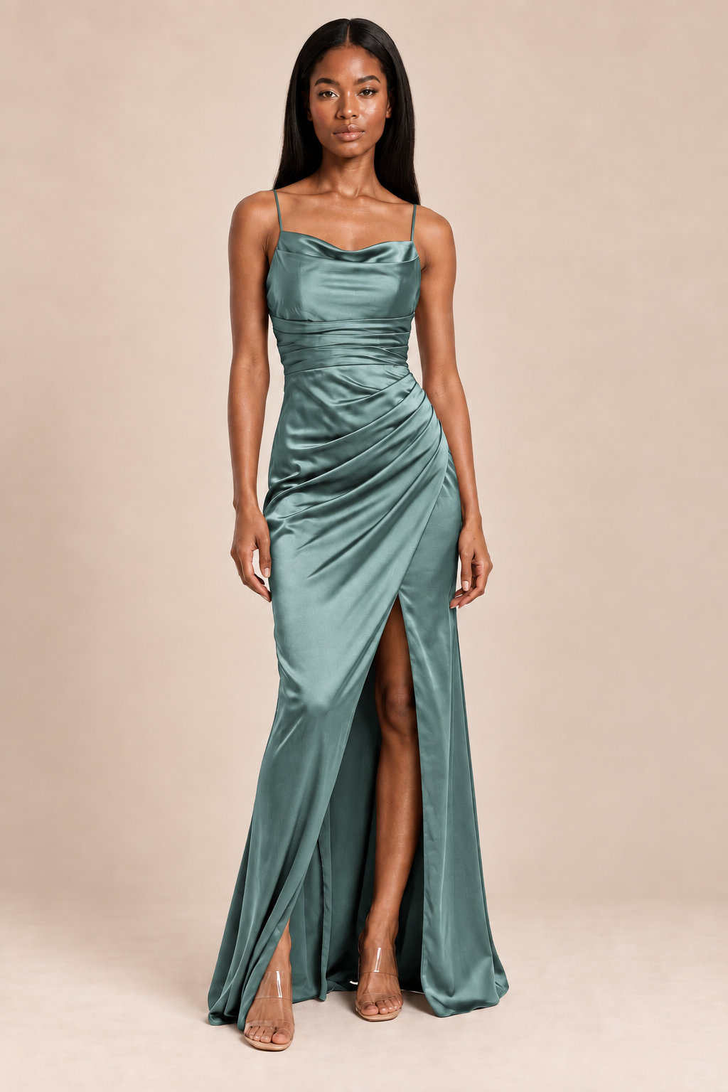 moss green satin-like ruched slit dress, front view
