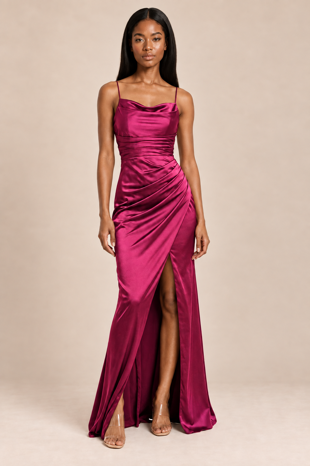 mulberry satin-like ruched slit dress, front view