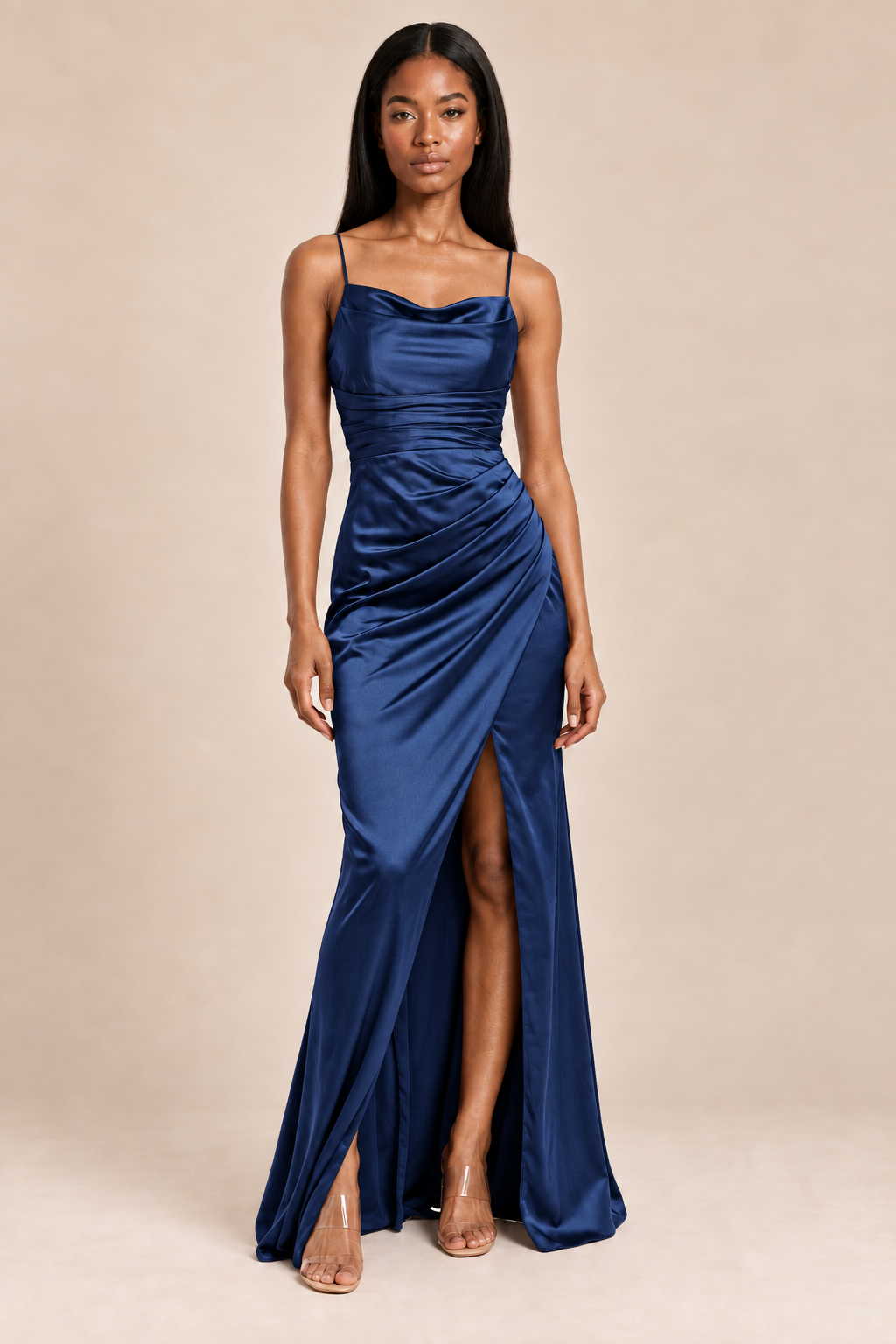 navy blue satin-like ruched slit dress, front view