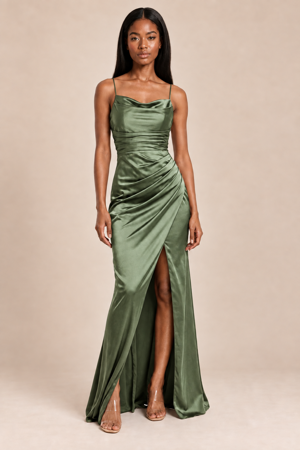 olive green satin-like ruched slit dress, front view