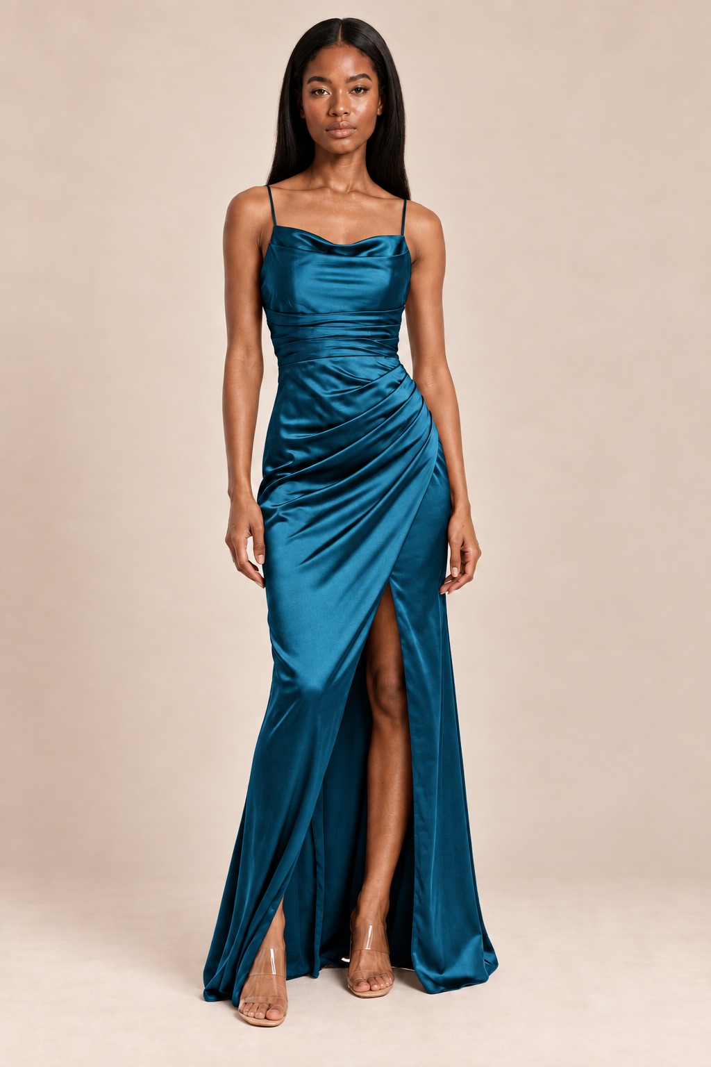 peacock satin-like ruched slit dress, front view