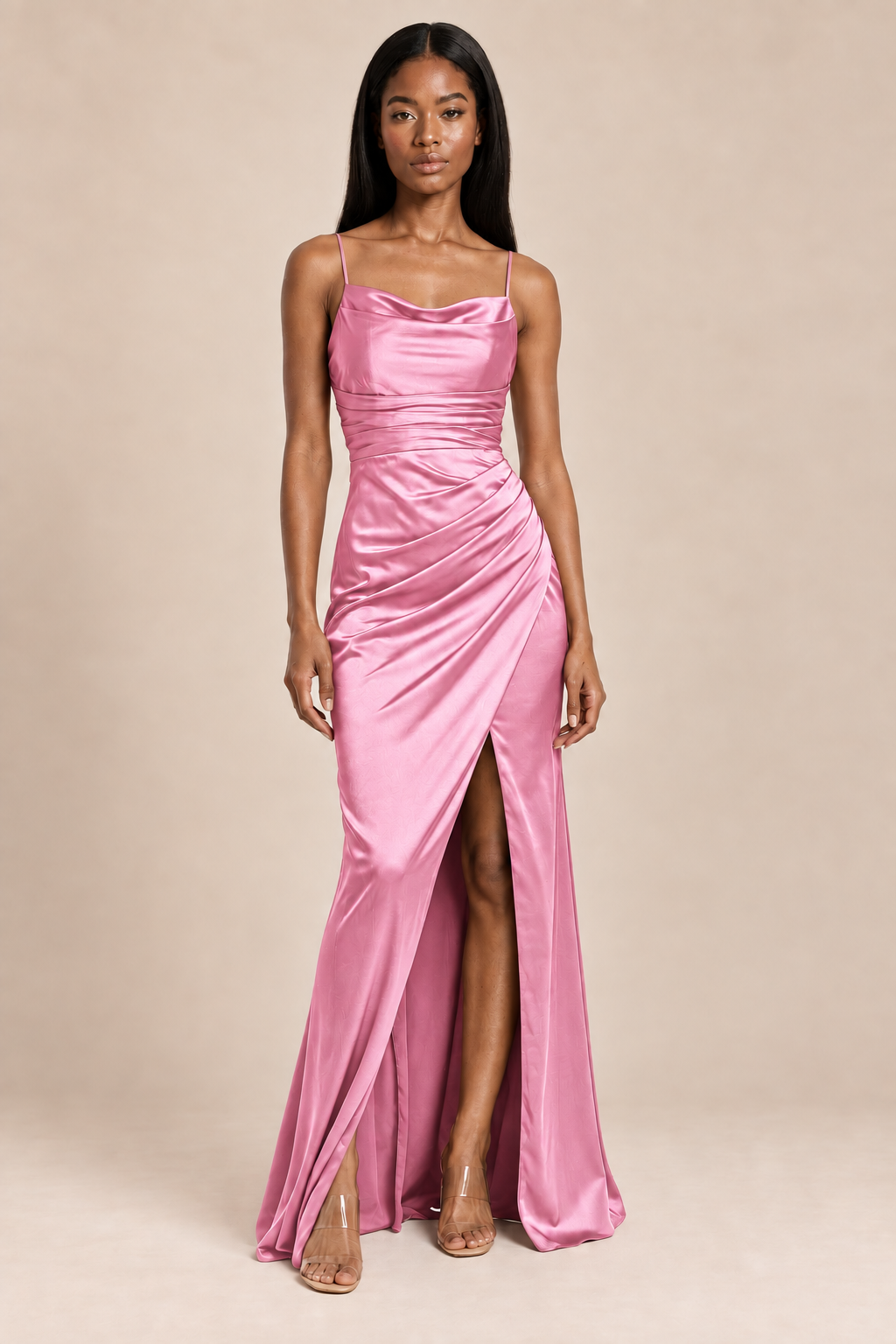 pink satin-like ruched slit dress, front view