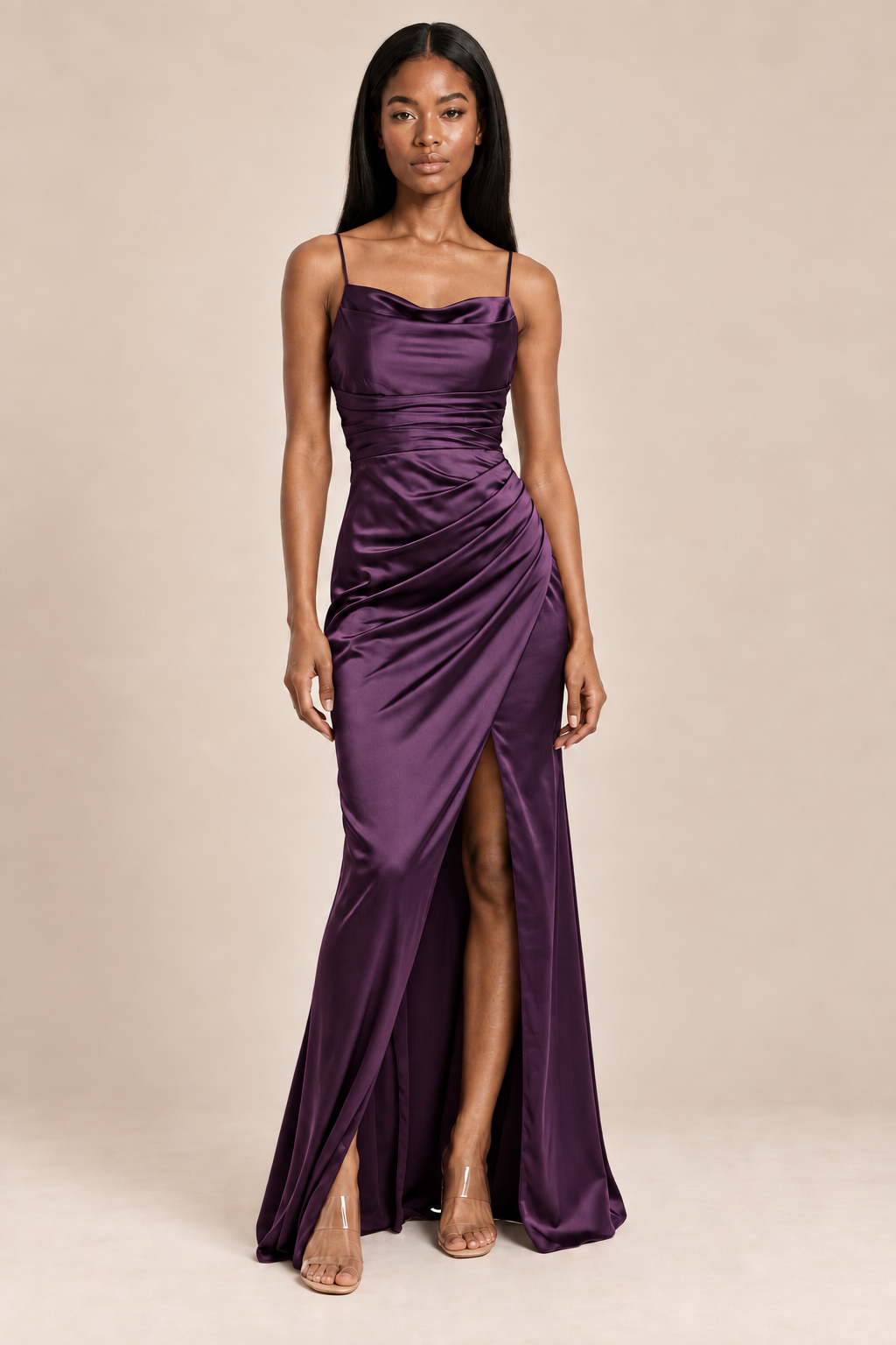 plum satin-like ruched slit dress, front view