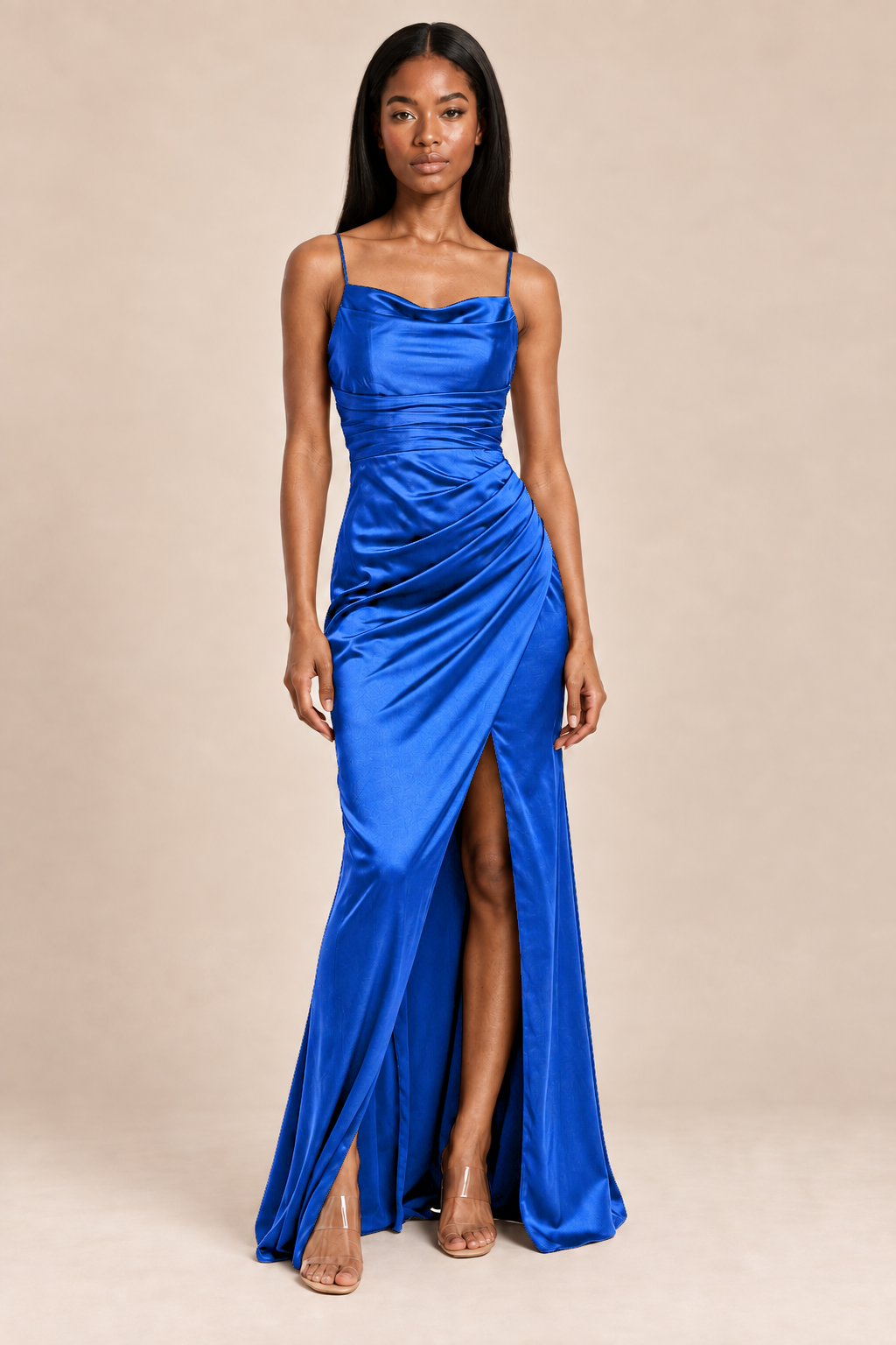 Royal blue satin-like cowl-neck ruched slit dress, front view