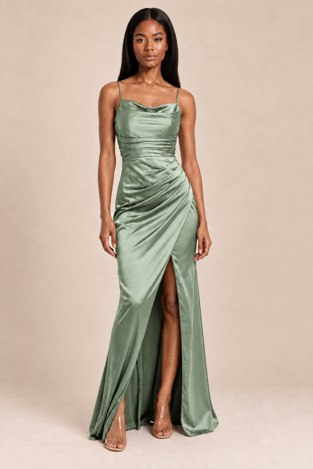 sage green satin-like ruched slit dress, front view