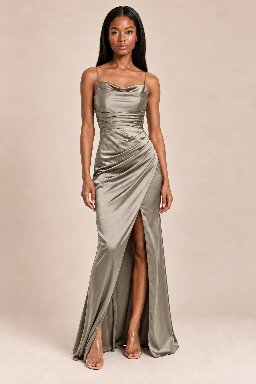 taupe satin-like ruched slit dress, front view