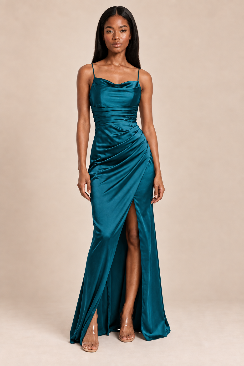 teal satin-like ruched slit dress, front view