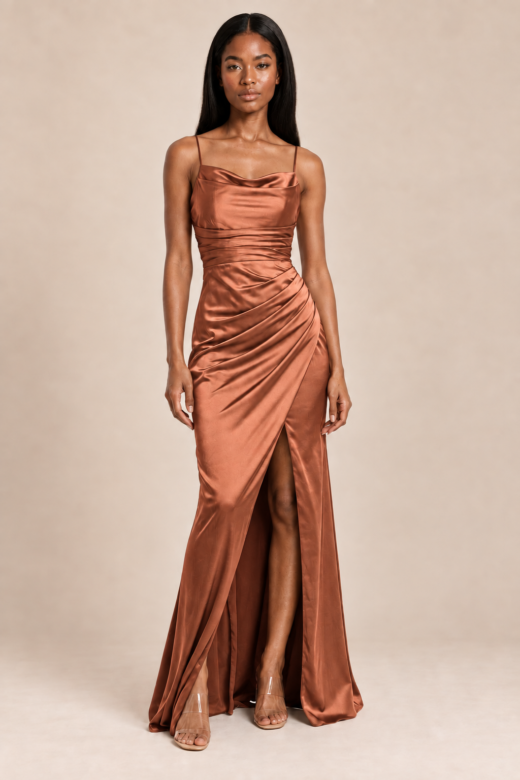 terracotta satin-like ruched slit dress, front view