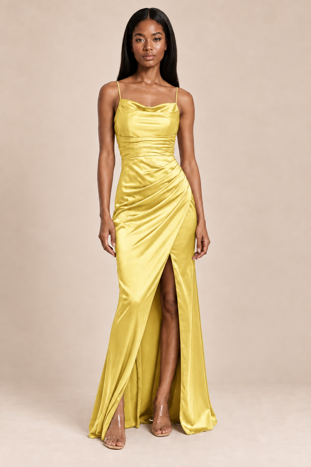yellow satin-like ruched slit dress, front view