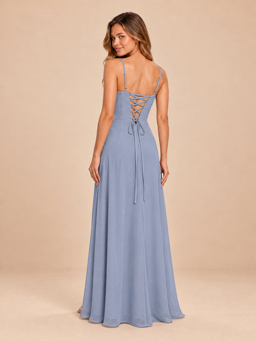 Dusty blue chiffon dress, full back view showing adjustable straps and lace-up closure