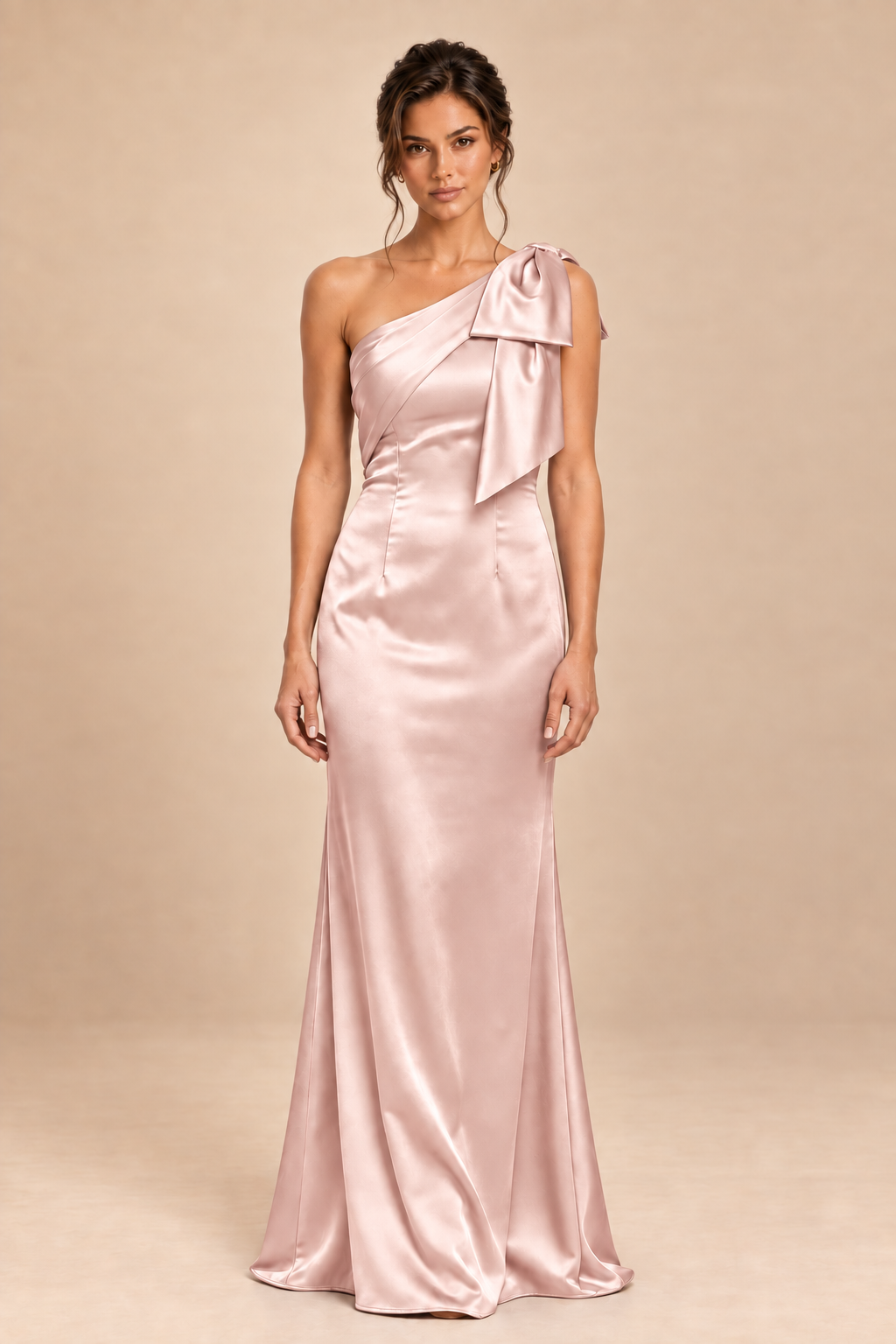 blush pink satin-like one-shoulder bow dress, front view