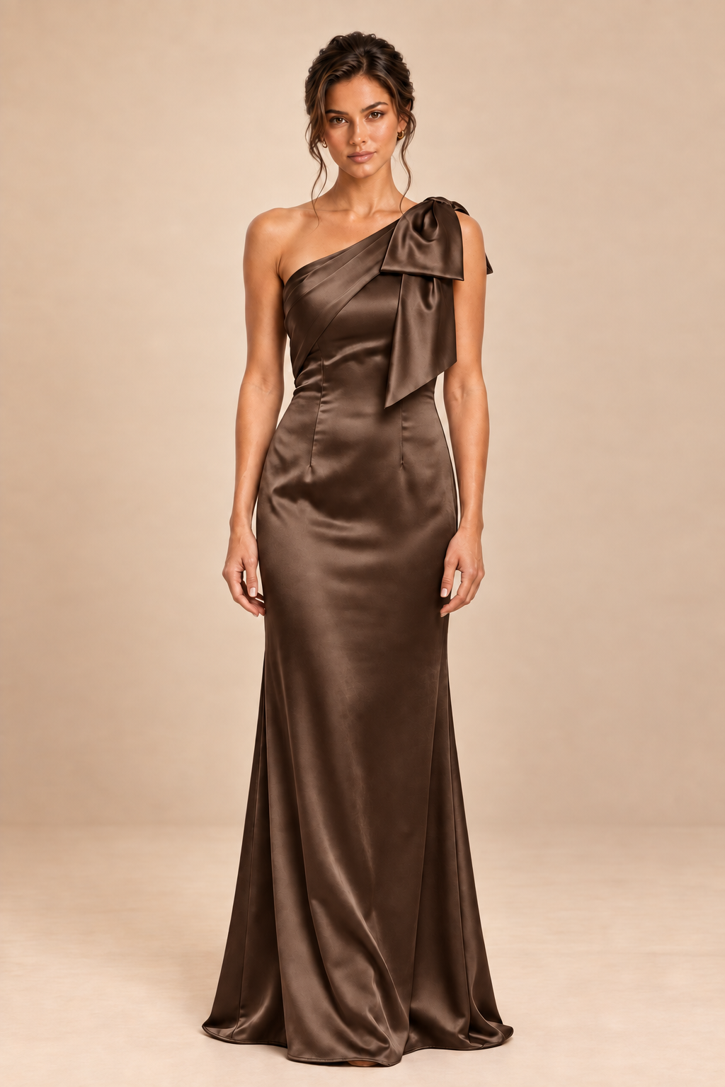 brown satin-like one-shoulder bow dress, front view