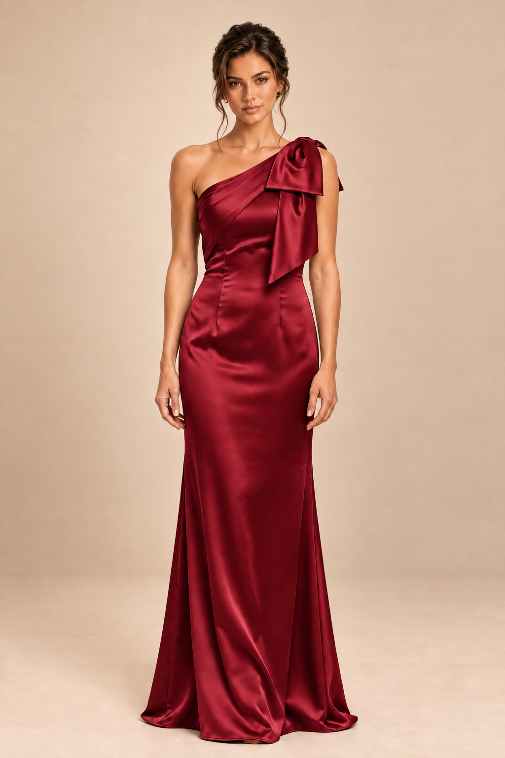 burgundy satin-like one-shoulder bow dress, front view
