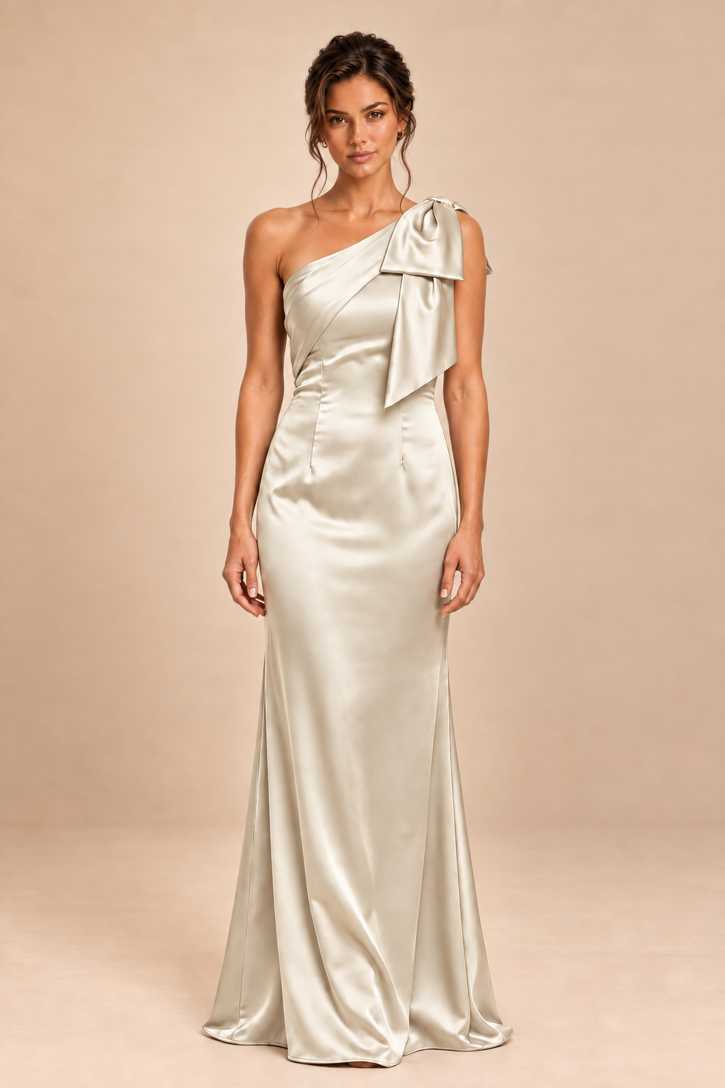 champagne satin-like one-shoulder bow dress, front view